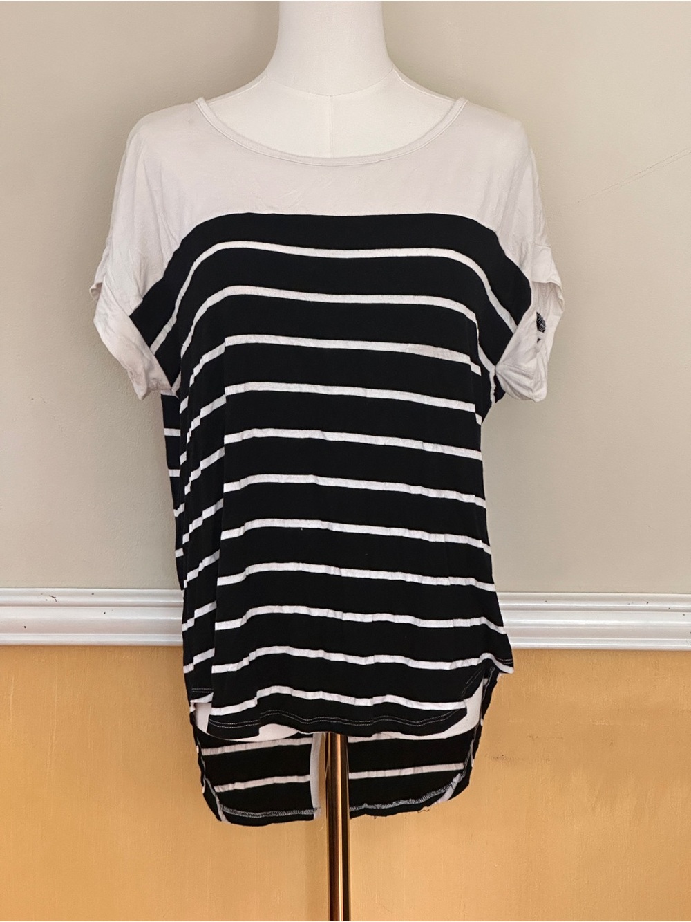 Women’s Black and White Striped Short Sleeve Top with Button Detail on Back